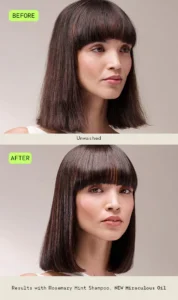 Side-by-side comparison of a woman’s hair before and after using rosemary mint shampoo and oil; the "before" is unwashed, the "after" shows smoother, shinier hair. | Simple Scissors Salon - Janesville, WI